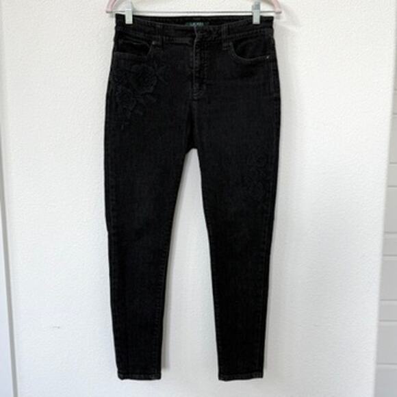 Lauren Ralph Lauren Floral Embroidered Black Jeans 6P Petite Slim Fit - Picture 1 of 7